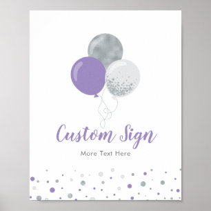 Poster Festa de Aniversário Menina Balão Prata e Roxo Per