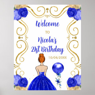 Poster Festa de aniversário Red Hair Princess Blue Welcom
