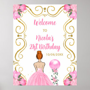 Poster Festa de aniversário Red Hair Princess Pink Welcom