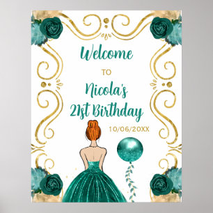 Poster Festa de aniversário Red Hair Princess Teal Welcom
