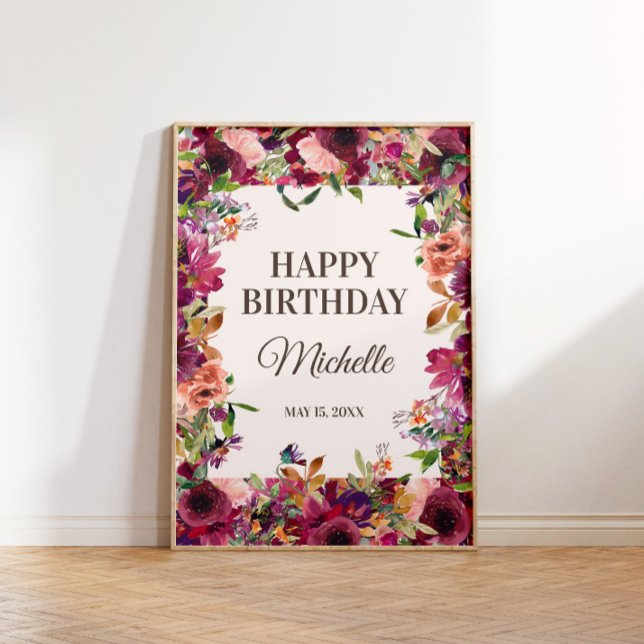 Poster Festa de Aniversário Rosa Bege Borgonha (Burgundy and pink floral "Happy birthday" poster personalized with your own text.)
