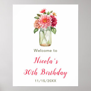 Poster Festa de aniversário Rosa Dahlias Mason Jar Bem-vi