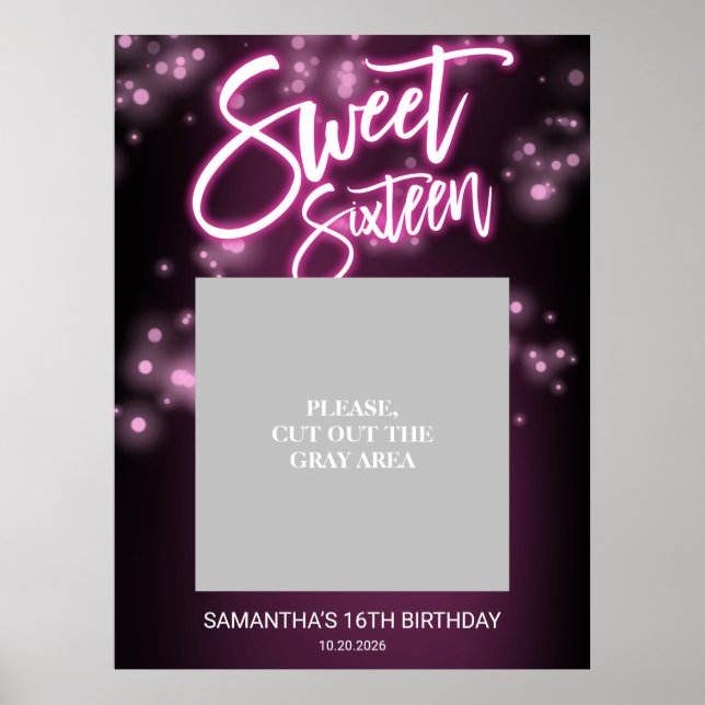 Poster Festa de Aniversário Sweet 16 Rosa Neon Glow Dark  (Frente)