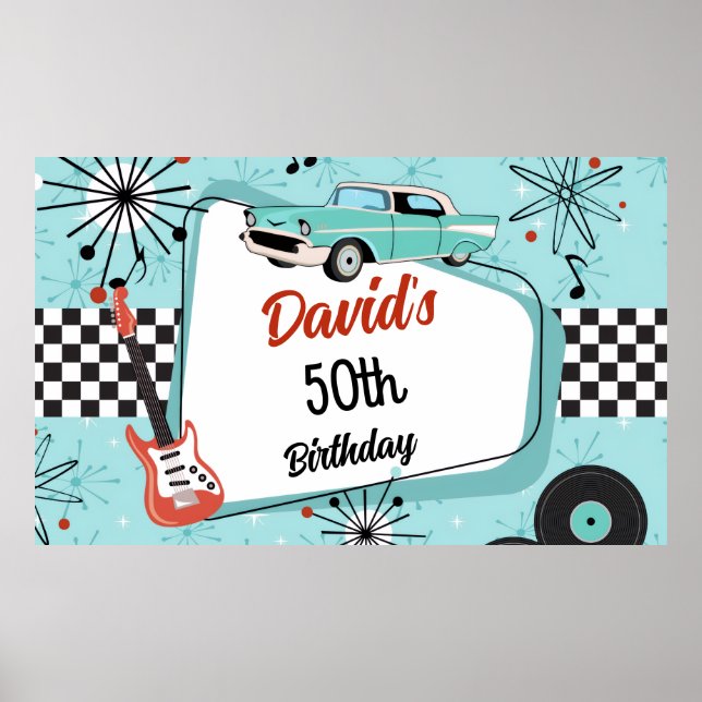 Poster Festa de Aniversário Vermelha e Azul dos Anos 50 R (Frente)