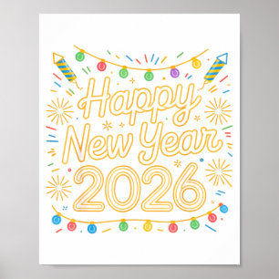 Poster Festa de Ano Novo 2026 Fogo de Artifício Retrô Nat