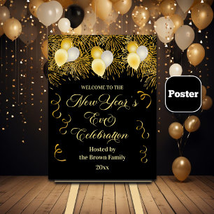 Poster Festa de Ano Novo com Brilho Preto e Dourado