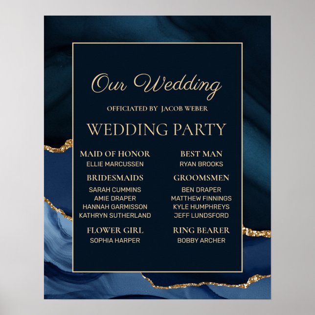 Poster Festa de Casamento com Mármore Azul Naval Dourado (Frente)