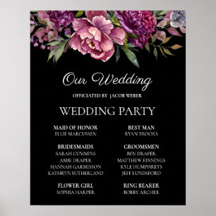 Poster Festa de Casamento Preta Floral Rosa Roxo