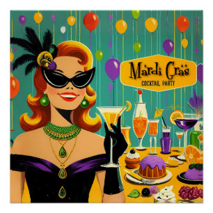 Pôster Festa de Cocktail Retro Mardi Gras dos Anos 50