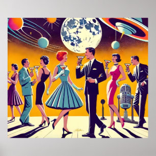 Poster Festa de Coquetel da Era Espacial dos Anos 60 no E