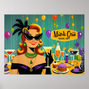 Poster Festa de Coquetel Martini Retro 50s Mardi Gras