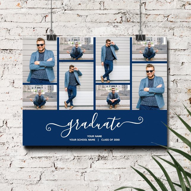 Poster Festa de formatura Azul com Marinho de vári (Multi Photo Navy Blue Graduation Party Poster, INSTANT DOWNLOAD and/or PRINTED)