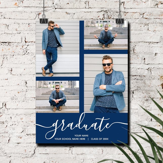 Poster Festa de formatura Azul do Marinho de Fotografias  (Multi Photo Navy Blue Graduation Party Poster, INSTANT DOWNLOAD and/or PRINTED)