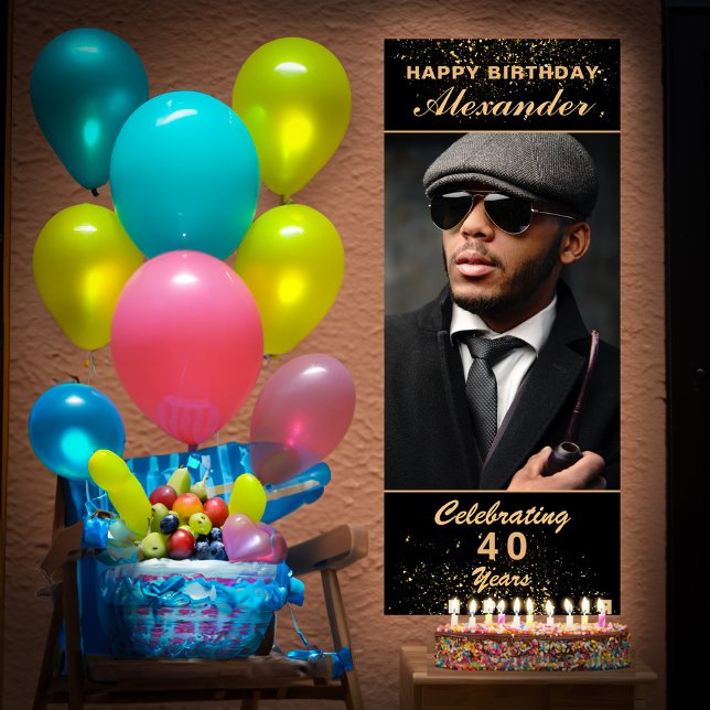 Poster Festa de Foto Feliz de Aniversário, Dourada Person (Happy Birthday Photo Party Event Gold Black Custom Poster great for your party to great your guest. )