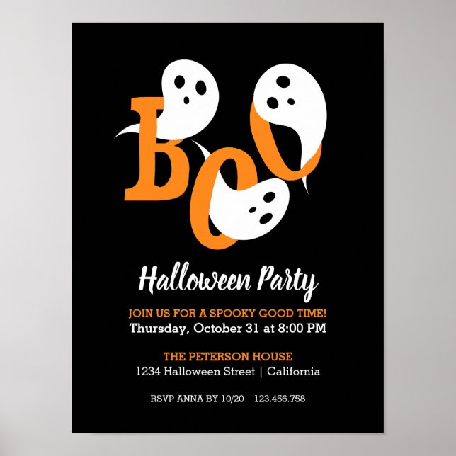 Poster Festa de Halloween Boo Fantasma Convite Negro (Frente)