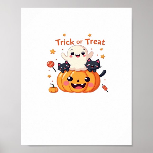 Poster Festa de Halloween - Kawaii Ghost e Classe de Gato (Frente)