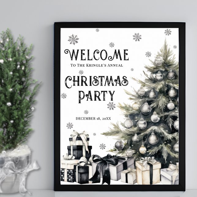 Poster Festa de Natal Preto e Branco Bem-vindo (Black White Elegant Christmas Party Welcome Poster)