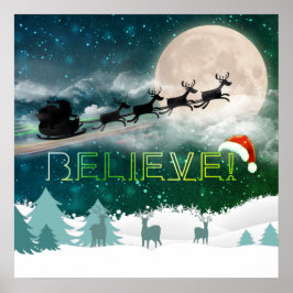 Poster Festa de Natal Santa Hat Reindeer Sleigh