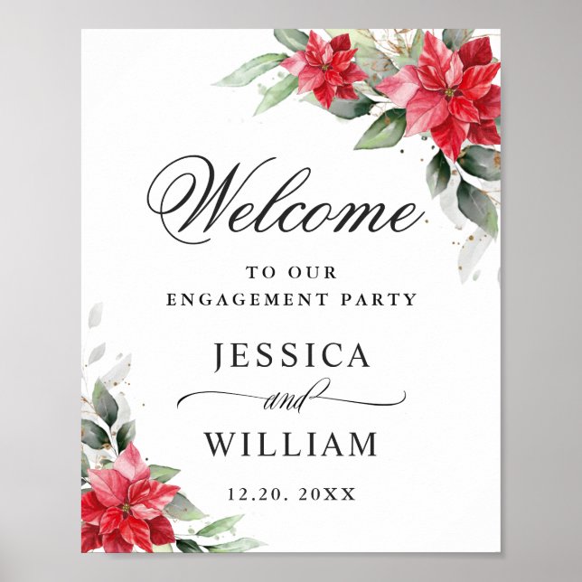 Poster Festa de noivado Elegante de Poinsettia Vermelha (Frente)