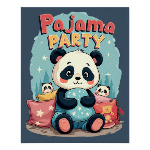 Pôster Festa de Pijamas do Panda Kawaii Estética Aconcheg
