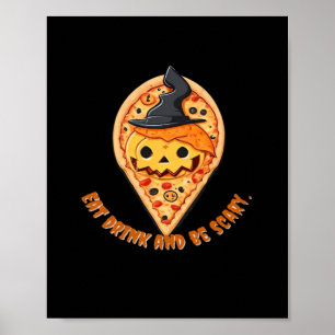 Poster Festa de Pizza no Halloween Abóbora Chapéu de Brux