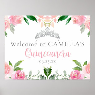 Poster Festa de Quinceañera Floral Rosa Chic