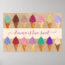 Poster Festa de Sorvete Bonita Menina 2 Anos Aniversário
