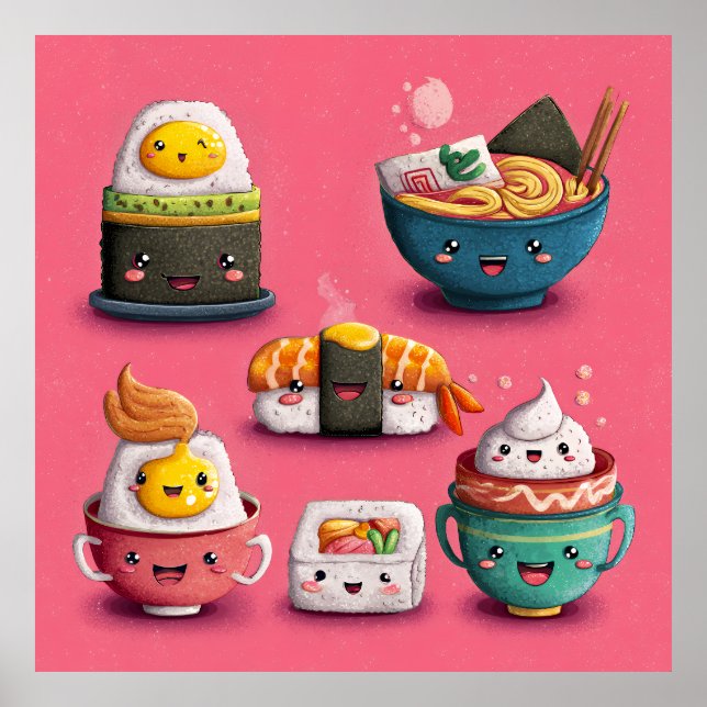 Poster Festa de Sushi Rosa Kawaii (Frente)