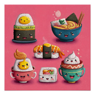 Pôster Festa de Sushi Rosa Kawaii