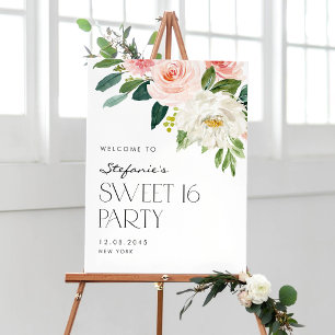 Poster Festa de Sweet 16 Jardim de Flores Rosadas e Branc