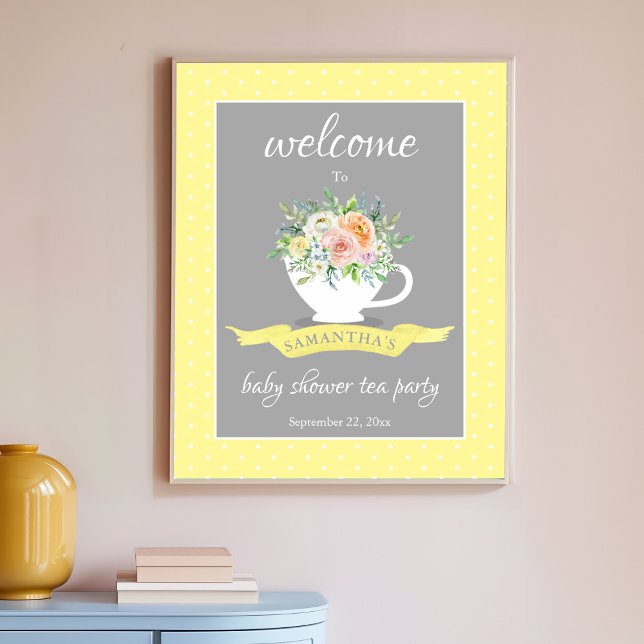 Poster Festa de Teacup Chá de fraldas Floral Elegante (Criador carregado)