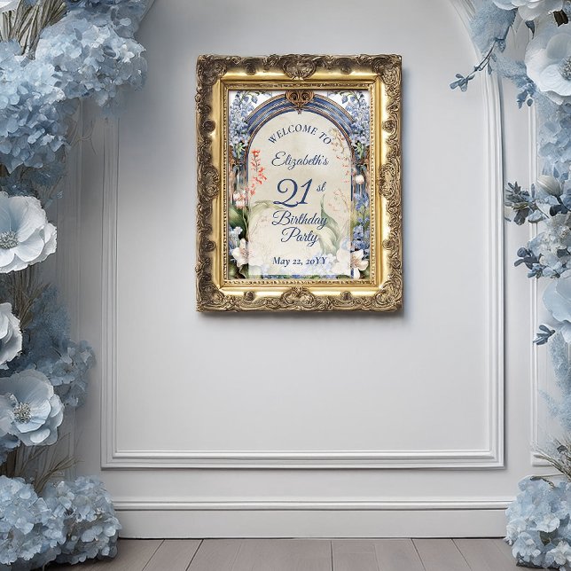Poster Festa Elegante de aniversário de 21 anos de Arca F (Elegant Baroque Floral Frame 21st Birthday Party Poster - Print  | Digital Download)