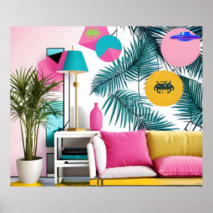 Poster Festa Memphis Design na Sala de Estar