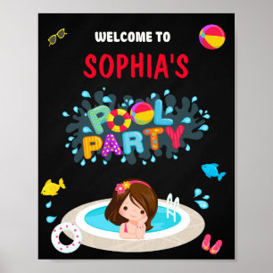 Poster Festa na piscina bem-vinda do waterslide da menina