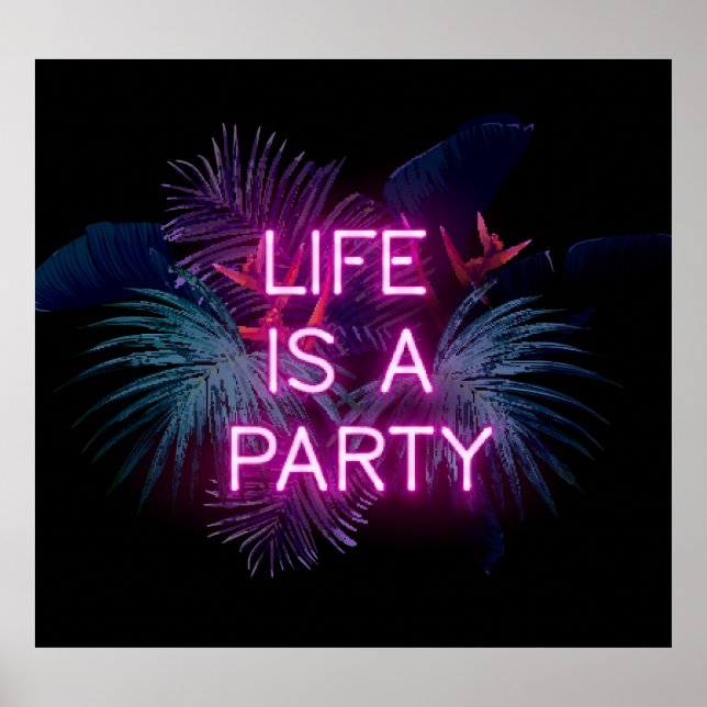 Poster Festa tropical, folhas de palma de neon. (Frente)