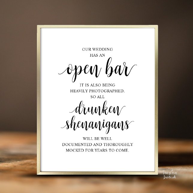 Poster Festas de Casamento Rústico Moderno com Bar Aberto (Modern Rustic Wedding Open Bar Drunken Shenanigans Poster in Black and White)
