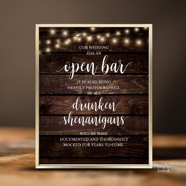 Poster Festas de Casamento Rústico Moderno com Bar Aberto (Modern Rustic Wedding Open Bar Drunken Shenanigans Poster in Cottage Dark Wood, String Lights)