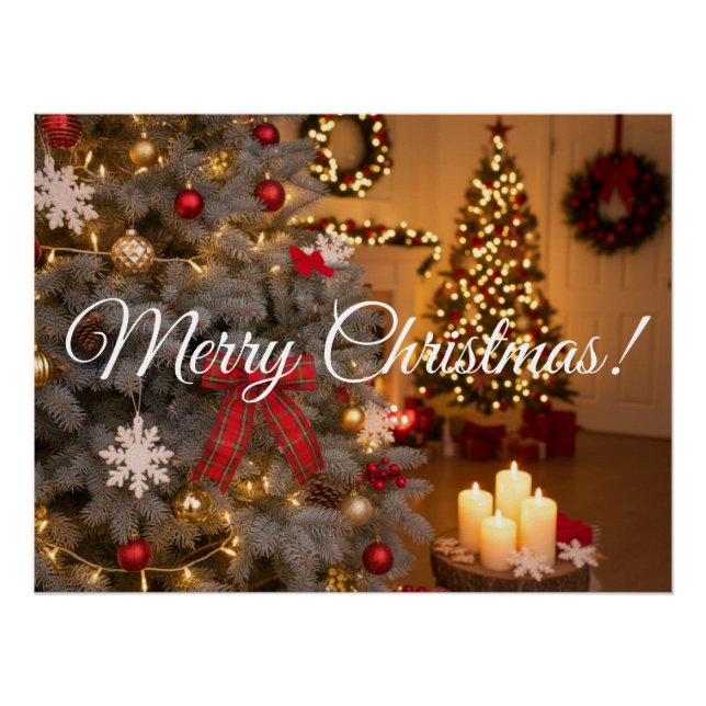 Pôster Festive fir trees decorated with garlands  (Frente)