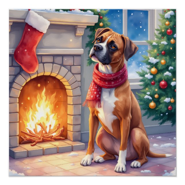 Pôster Festive Fireplace Boxer Christmas Art (Frente)