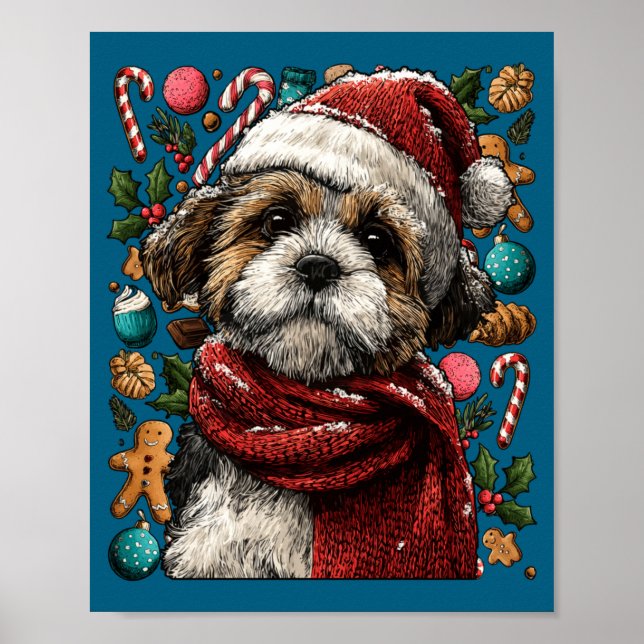 Poster Festive Shih Tzu With Santa Hat Snowy Winter Chris (Frente)