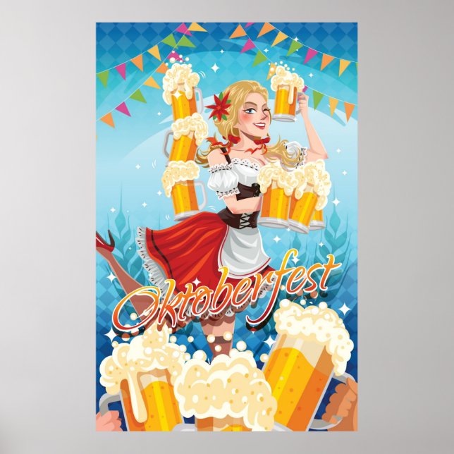 Poster Festivo Oktoberfest Maid in Red with Beers (Frente)