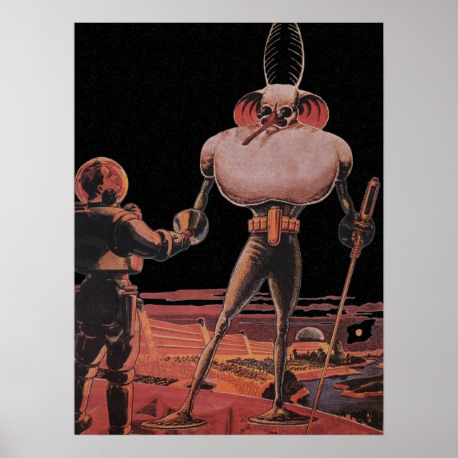 Pôster Ficção Científica Vintage Astronauta Apertar Mão A (Frente)