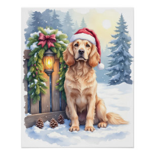 Pôster Field Spaniel Cerca Nevada Chapéu de Papai Noel Ar