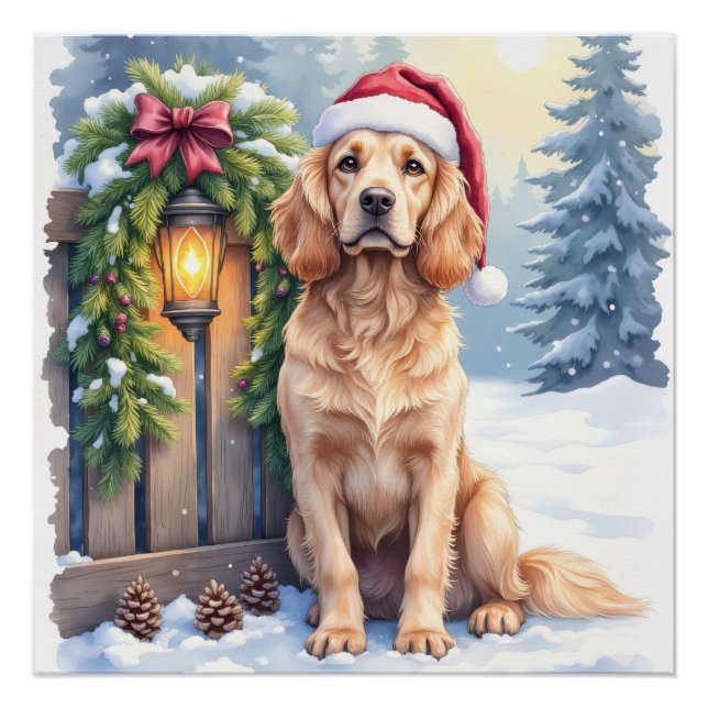Pôster Field Spaniel Snowy Fence Santa Hat Christmas Art (Frente)