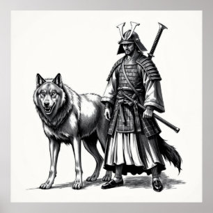 Poster Fierce Bond: Arte com carvão Samurai e Wolf