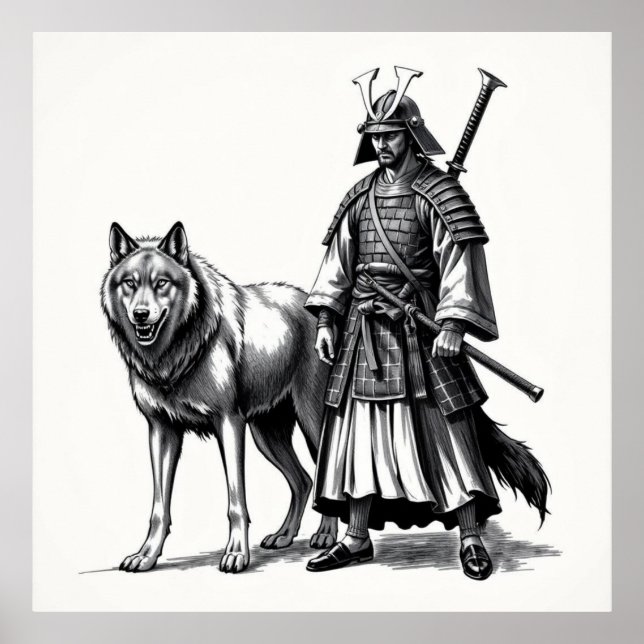 Poster Fierce Bond: Arte com carvão Samurai e Wolf (Frente)
