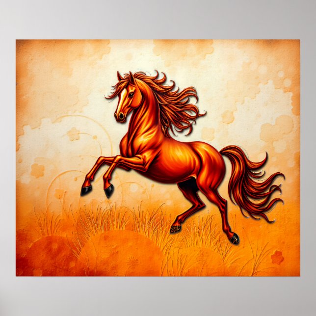 Poster Fiery Horse Leaps, Orange Gold, Artistic Grunge  (Frente)