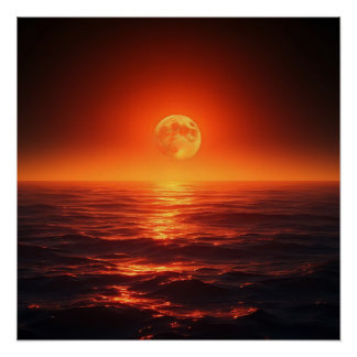 Pôster Fiery Moon Sobre O Calmo Oceano Fantasy Sunset