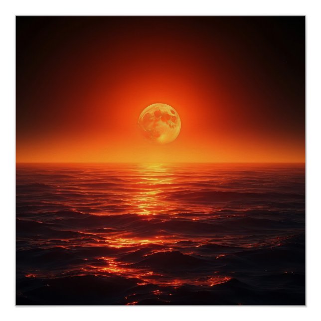 Pôster Fiery Moon Sobre O Calmo Oceano Fantasy Sunset (Frente)