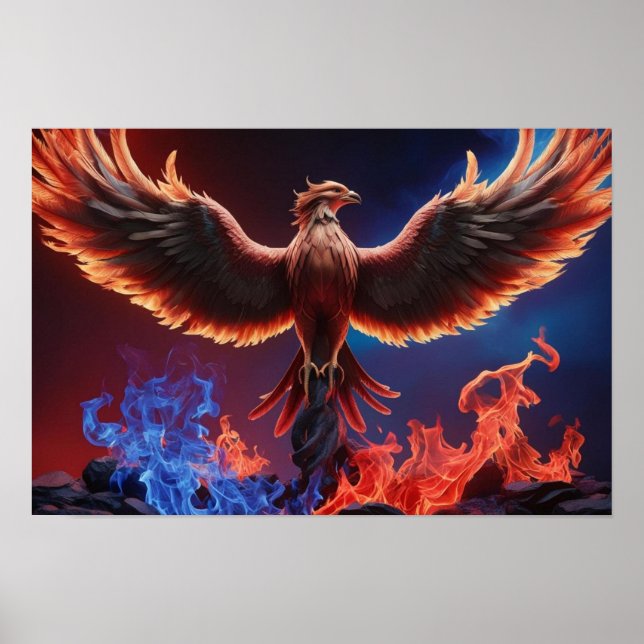 Poster Fiery Phoenix: Rebirth in Red and Blue Flames (Frente)